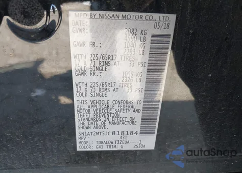 2018 Nissan Rogue Sv z USA, uszkodzony, nr VIN 5N1AT2MT5JC818184